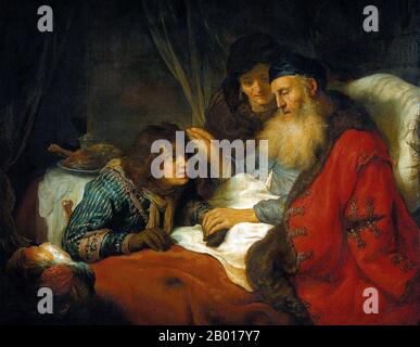 Netherlands: ‘Isaac Blessing Jacob’. Oil on canvas painting by Govert Flinck (25 January 1615 - 2 February 1660), 1638.  In a famous scene from the Hebrew Bible, or Christian Old Testament, Isaac, the only son of Abraham and Sarah, blesses his younger son Jacob from his deathbed.  Now Isaac is old and blind, and thinks he is blessing his elder son, Esau. Jacob has covered his hands in goatskin in imitation of his hirsute brother Esau to trick his father. Jacob’s mother, Rebecca, looks on anxiously. She is an accomplice to Jacob’s scheme. Stock Photo