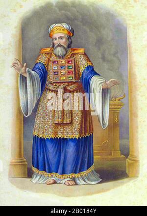 Israel: The Kohen Gadol or High Priest of Israel.  The Kohen Gadol or ha-Kohen ha-Gadol (Hebrew 'Great Priest') is the title of the High Priest of early Israelite religion and of classical Judaism from the rise of the Israelite nation until the destruction of the Second Temple of Jerusalem. The high priests belonged to the Kohen group that traced its paternal line back to Aaron, the first Kohen Gadol and brother of Moses. Stock Photo