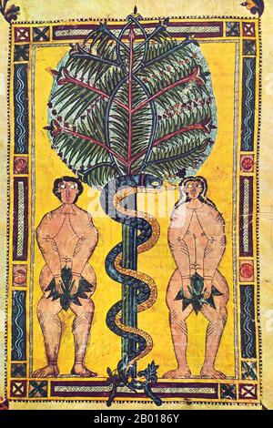 Spain: Adam and Eve as represented in an illumination from the Escorial Beatus, possibly by Florentius (fl. 10th century), c. 950.  The Escorial Beatus is a 10th century illuminated manuscript of the Commentary on the Apocalypse by Beatus of Liébana (c. 730-800). The manuscript was probably created at the monastery at San Millán de la Cogolla. There are 151 extant folios which measure 395mm by 225mm. The manuscript is illustrated with 52 surviving miniatures. Stock Photo