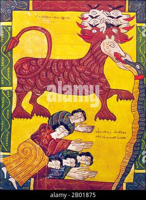 Spain: 'Adoration of the Beast and the Dragon'. Illumination from the Escorial Beatus, possibly by Florentius (fl. 10th century), c. 950.  The Escorial Beatus is a 10th century illuminated manuscript of the Commentary on the Apocalypse by Beatus of Liébana (c. 730-800). The manuscript was probably created at the monastery at San Millán de la Cogolla. There are 151 extant folios; the manuscript is illustrated with 52 surviving miniatures.  The Apocalypse of John is the Book of Revelation, the last book of the New Testament. Stock Photo