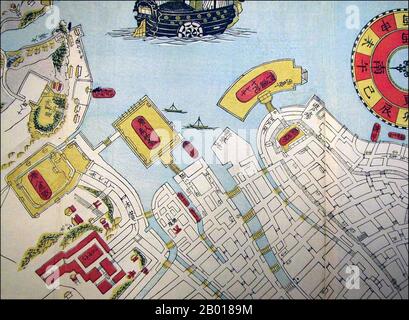 Japan: A map of Nagasaki Harbour showing Dejima Island and the nearby Chinese traders' compound, late 19th century.  Dejima (literally 'exit island'; Dutch: Desjima or Deshima, sometimes latinised as Decima or Dezima) was a small fan-shaped artificial island built in the bay of Nagasaki in 1634. This island, which was formed by digging a canal through a small peninsula, remained as the single place of direct trade and exchange between Japan and the outside world during the Edo period. Dejima was built to constrain foreign traders as part of the 'sakoku' self-imposed isolationist policy. Stock Photo