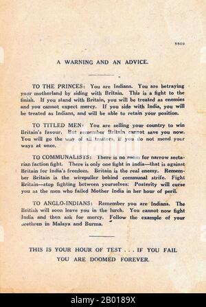 India: Indian Independence League propaganda leaflet - 'A Warning and an Advice'. Such leaflets were dropped by Japanese aircraft and otherwise surreptitiously circulated, c. 1941-1944.  China Burma India Theatre (CBI) was the name used by the United States Army for its forces operating in conjunction with British and Chinese Allied air and land forces in China, Burma, and India during World War II. Stock Photo