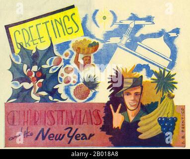 India: British Indian forces Christmas card - V for Victory in a tropical setting, c. 1941-1945.  China Burma India Theatre (CBI) was the name used by the United States Army for its forces operating in conjunction with British and Chinese Allied air and land forces in China, Burma, and India during World War II. Well-known US units in this theatre included the Flying Tigers, transport and bomber units flying the Hump, the 1st Air Commando Group, the engineers who built Ledo Road, and the 5307th Composite Unit (Provisional), otherwise known as Merrill's Marauders. Stock Photo