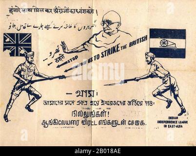China/Burma/India: Indian Independence League propaganda pamphlet showing Mahatma Gandhi urging Indian troops to unite against Britain, c. 1941-1944.  China Burma India Theatre (CBI) was the name used by the United States Army for its forces operating in conjunction with British and Chinese Allied air and land forces in China, Burma, and India during World War II. Well-known US units in this theatre included the Flying Tigers, transport and bomber units flying the Hump, and the 1st Air Commando Group, the engineers who built Ledo Road. Stock Photo