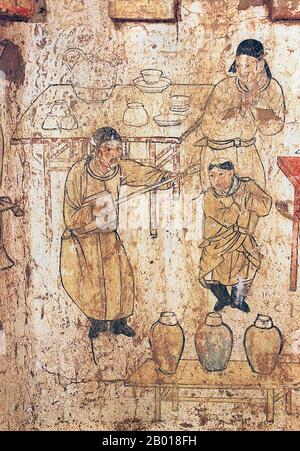 China: Musicians and a dancer in a mural in the tomb of Han Shixun, Xuanhua, Hebei, Liao Dynasty (1093-1117).  The Liao Dynasty, also known as the Khitan Empire, was a state that ruled over the regions of Manchuria, Mongolia, and parts of northern China proper. It was founded by the Yelü clan of the Khitan people in the same year as the Tang Dynasty collapsed (907), even though its first ruler, Yelü Abaoji (Yaruud Ambagai Khan), did not declare an era name until 916. The name 'Liao' (formally 'Great Liao') was not officially adopted until 947, under Emperor Yelü Ruan. Stock Photo