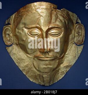 Greece: Golden funeral mask also known as the Agamemnon Mask. Found in Tomb V in Mycenae by Heinrich Schliemann in 1876, 16th century BCE. Photo by DieBuche (CC BY-SA 3.0 License).  In Greek mythology, Agamemnon was the son of King Atreus of Mycenae and Queen Aerope; the brother of Menelaus and the husband of Clytemnestra; mythical legends make him the king of Mycenae or Argos, thought to be different names for the same area. When Helen, the wife of Menelaus, was abducted by Paris of Troy, Agamemnon was the commander of the Greeks in the ensuing Trojan War. Stock Photo