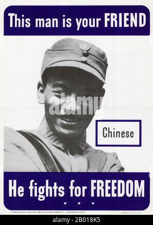 USA: US Government poster identifying a Chinese Nationalist soldier as a friend who 'fights for freedom', 1942.  Poster issued by the Graphics Division, Office of Facts and Figures, Washington DC, 1942, to ensure that US forces did not confuse their Chinese allies with their Japanese enemies and shoot the wrong man. Stock Photo