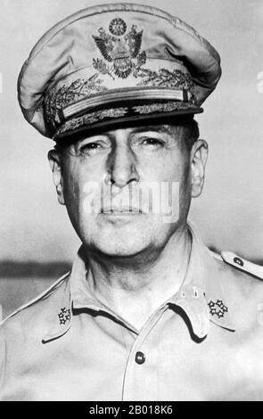 USA: General Douglas MacArthur (26 January 1880 - 5 April 1964), 31st August 1945.  General of the Army Douglas MacArthur was an American general and field marshal of the Philippine Army. He was a Chief of Staff of the United States Army during the 1930s and played a prominent role in the Pacific theatre during World War II. He received the Medal of Honor for his service in the Philippines Campaign. Arthur MacArthur, Jr., and Douglas MacArthur were the first father and son to each be awarded the medal. He was one of only five men ever to rise to the rank of general of the army. Stock Photo