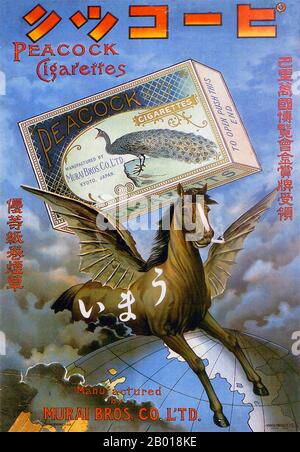 Japan: Advertising poster for Peacock Cigarettes, c. 1902. A flying horse -  more pegasus than peacock advertises the merits of Peacock cigarettes Stock  Photo