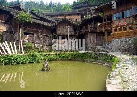 China: The Miao village of Langde Shang, southeast of Kaili, Guizhou Province.  The Miao are a linguistically and culturally related group of people recognized by the government of the People's Republic of China as one of the 55 official minority groups.  Miao is a Chinese term and does not reflect the self-designations of the component sub-groups, which include (with some variant spellings) Hmong, Hmu, A Hmao, and Kho (Qho) Xiong. The Miao live primarily in southern China, in the provinces of Guizhou, Hunan, Yunnan, Sichuan, Guangxi, Hainan, Guangdong, and Hubei. Stock Photo