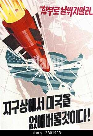 Korea: North Korean (DPRK) propaganda poster shows a nuclear missile crashing into the continental United States, c. 1950s.  Socialist Realism is a style of realistic art which developed under Socialism in the Soviet Union and became a dominant style in other communist countries. Socialist Realism is a teleologically-oriented style having as its purpose the furtherance of the goals of socialism and communism. Although related, it should not be confused with Social Realism, a type of art that realistically depicts subjects of social concern. Stock Photo