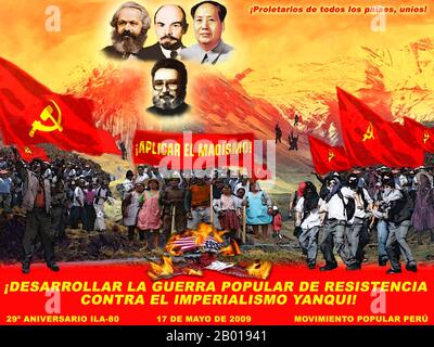 Peru: Sendero Luminoso propaganda poster - 'Support the People's War of Resistance Against Yankee Imperialism!' featuring Marx, Lenin, Mao Zedong and the Sendero Luminoso leader Abimael Guzman, 17th May 2009.  Revolutionary propaganda poster from the Movimiento Popular Peru, one of the external factions of the Partido Comunista de Peru en el Sendero Luminoso de Jose Carlos Mariategui, better known as The Shining Path (Sendero Luminoso). The poster is a complicated montage of images. Stock Photo