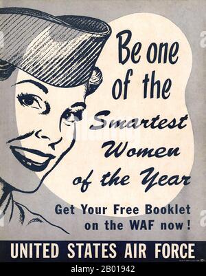 Korea/USA: A USAF recruiting poster for Women in the Air Force (WAF) during the Korean War (25 June 1950 - armistice signed 27 July 1953), 1951.  The Korean War was a military conflict between the Republic of Korea, supported by the United Nations, and North Korea, supported by the People's Republic of China (PRC), with military material aid from the Soviet Union. The war was a result of the physical division of Korea by an agreement of the victorious Allies at the conclusion of the Pacific War at the end of World War II. Stock Photo