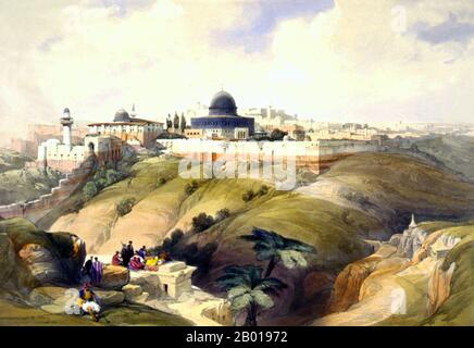 Palestine: 'Jerusalem'. Colour lithograph by David Roberts (24 October 1796 - 25 November 1864), c. 1840.  David Roberts RA was a Scottish painter. He is especially known for a prolific series of detailed prints of Egypt and the Near East that he produced during the 1840s from sketches he made during long tours of the region (1838-1840). This work, and his large oil paintings of similar subjects, made him a prominent Orientalist painter.  At the time of Roberts’ visit to Palestine, the country was briefly under Egyptian rule (1831-1841) after Mohammed Ali had seized the Levant. Stock Photo