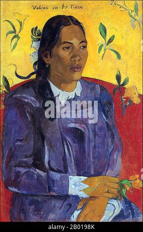 Tahiti: 'Vahine No Te Tiare' (Woman With A Flower). Oil on canvas painting by Paul Gauguin (7 June 1848 - 8 May 1903), 1891.  Paul Gauguin was born in Paris in 1848 and spent some of his childhood in Peru. He worked as a stockbroker with little success, and suffered from bouts of severe depression. He also painted. In 1891, Gauguin, frustrated by lack of recognition at home and financially destitute, sailed to the tropics to escape European civilization and 'everything that is artificial and conventional'. His time there was the subject of much interest in both then and in modern times. Stock Photo