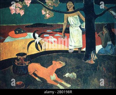 Tahiti: 'Pastorales Tahitiennes' (Tahitian Pastoral). Oil on canvas painting by Paul Gauguin (7 June 1848 - 8 May 1903), 1892.  Paul Gauguin was born in Paris in 1848 and spent some of his childhood in Peru. He worked as a stockbroker with little success, and suffered from bouts of severe depression. He also painted. In 1891, Gauguin, frustrated by lack of recognition at home and financially destitute, sailed to the tropics to escape European civilization and 'everything that is artificial and conventional'. His time there was the subject of much interest both then and in modern times. Stock Photo