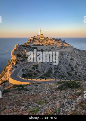 Lighthouse of Cap de Formentor in the northeast of the balearic island of Majorca (Mallorca) around sunset Stock Photo