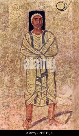 Syria: A holy man, possibly Moses. Fresco from Dura Europos synagogue, c. 250 CE.  The Dura Europos synagogue is an ancient synagogue uncovered at Dura-Europos, Syria, in 1932. The last phase of construction was dated by an Aramaic inscription to 244 CE, making it one of the oldest synagogues in the world. It is unique among the many ancient synagogues that have emerged from archaeological digs as it was preserved virtually intact, and it has extensive figurative wall-paintings. These frescoes are now displayed in the National Museum of Damascus. Stock Photo