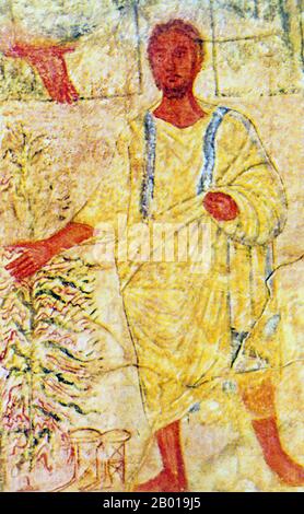 Syria: Moses and the Burning Bush. Fresco from Dura Europos synagogue, c. 250 CE.  The Dura Europos synagogue is an ancient synagogue uncovered at Dura-Europos, Syria, in 1932. The last phase of construction was dated by an Aramaic inscription to 244 CE, making it one of the oldest synagogues in the world. It is unique among the many ancient synagogues that have emerged from archaeological digs as it was preserved virtually intact, and it has extensive figurative wall-paintings. These frescoes are now displayed in the National Museum of Damascus. Stock Photo