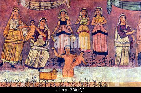 Syria: An attendant of the Pharaoh's daughter lifts Moses from the basket which was floating down the Nile. The Pharaoh's daughter hands the infant to Moses's mother, to be nursed. Fresco from Dura Europos Synagogue, c. 250 CE.  The Dura Europos Synagogue is an ancient synagogue uncovered at Dura-Europos, Syria, in 1932. The last phase of construction was dated by an Aramaic inscription to 244 CE, making it one of the oldest synagogues in the world. It is unique among the many ancient synagogues that have emerged from archaeological digs as it was preserved virtually intact. Stock Photo