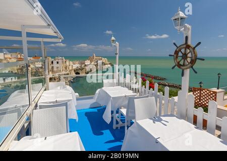 Scenic view from restaurant on Vieste and Church of San Francesco, Foggia Province, Puglia Italy. Stock Photo