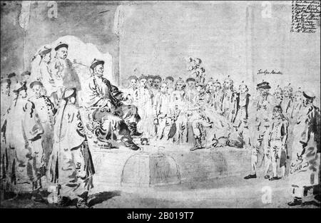 China: The Macartney Embassy to China. The Qianlong Emperor receives a missive from the kneeling Lord Macartney. Sketch by William Alexander (1767-1816), 1793.  The Macartney Embassy, also called the Macartney Mission, was a British embassy to China in 1793. It is named for the first envoy of Great Britain to China, George Macartney, who led the endeavour. The goal of the embassy was to convince the Qianlong Emperor to ease restrictions on trade between Great Britain and China.  The embassy was ultimately not successful, a result of competing world views which were incompatible. Stock Photo