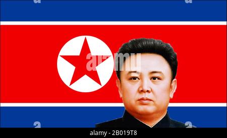Korea: Pictures of Kim Jong-il (16 February 1941 - 17 December 2011), head and shoulders, set against the flag of North Korea (DPRK).  Kim Jong-il, also written as Kim Jong Il and born Yuri Irsenovich Kim, was the leader of the Democratic People's Republic of Korea (North Korea). He was the Chairman of the National Defense Commission, General Secretary of the Workers' Party of Korea, the ruling party since 1948, and the Supreme Commander of the Korean People's Army, the fourth largest standing army in the world. His son Kim Jong-un took over after his death. Stock Photo