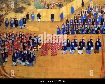 China: The Qianlong Emperor (25 September 1711 - 7 February 1799) and his court in Chengde, the Qing Dynasty Sumer Residence. Handscroll painting by Giuseppe Castiglione (1688-1766), 18th century.  In 1703, Chengde was chosen by the Kangxi Emperor as the location for his summer residence. Constructed throughout the eighteenth century, the Mountain Resort was used by both the Yongzheng and Qianlong emperors. The site is currently an UNESCO World Heritage Site. Since the seat of government followed the emperor, Chengde was a political centre of the Chinese empire during these times. Stock Photo