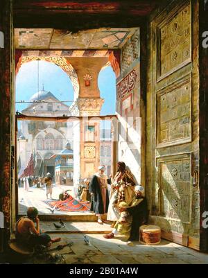 Syria: 'The Gate of the Great Umayyad Mosque, Damascus'. Oil on canvas painting by Gustav Bauernfeind (4 September 1848 - 24 December 1904), 1890.  Gustav Bauernfeind was a German painter and architect of partly Jewish origin, known for his Orientalist artwork. He initially worked in an architectural firm in Stuttgart, before learning to paint. A journey to the Levant from 1880 to 1882 piqued his interest in the Orient, leading to multiple trips to the Middle East. He eventually moved to Jerusalem with his family in 1898, and also lived in Lebanon and Syria. Stock Photo