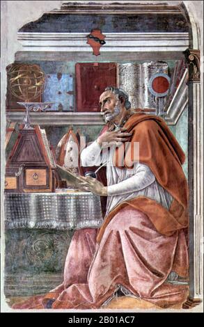 Algeria/Italy:  Saint Augustine of Hippo Regius (13 November 354 - 28 August 430). Fresco by Sandro Botticelli (c. 1445 - 17 May 1510), Ognissanti Church, Florence, 1480.  Augustine of Hippo (Aurelius Augustinus Hipponensis), also known as Augustine, St. Augustine, St. Austin, St. Augoustinos, Blessed Augustine or St. Augustine the Blessed, was Bishop of Hippo Regius, the present-day Annaba, Algeria. He was a Latin-speaking philosopher and theologian who lived in the Roman Africa Province. His writings were very influential in the development of Western Christianity. Stock Photo