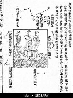 China: One of a set of stellar diagrams showing the guiding stars enroute form Hormuz to Calicut. From the Mao Kun map in the Ming Dynasty military treatise 'Wubei Zhi', depicting Zheng He's maritime expeditions to the Indian Ocean (1405-1433), 1628.  Between 1405 and 1433, the Ming government sponsored a series of seven naval expeditions. The Yongle emperor designed them to establish a Chinese presence, impose imperial control over trade, impress foreign peoples in the Indian Ocean basin and extend the empire's tributary system. Zheng He was placed as the admiral in control of the huge fleet. Stock Photo