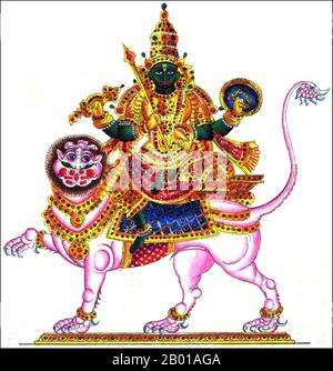 India: An Indian representation of Rahu, Snake Demon and causer of solar and lunar eclipses, 1842.  In Hindu mythology, Rahu is a snake that swallows the sun or the moon causing eclipses. He is depicted in art as a dragon with no body riding a chariot drawn by eight black horses. Rahu is one of the navagrahas (nine planets) in Vedic astrology. The Rahu kala (time of day under the influence of Rahu) is considered inauspicious. Stock Photo