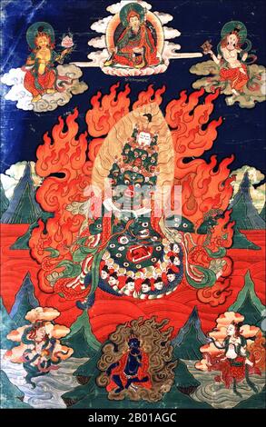 China/Tibet: A Tibetan representation of Rahu, Snake Demon and causer of solar and lunar eclipses.  In Hindu mythology, Rahu is a snake that swallows the sun or the moon causing eclipses. He is depicted in art as a dragon with no body riding a chariot drawn by eight black horses. Rahu is one of the navagrahas (nine planets) in Vedic astrology. The Rahu kala (time of day under the influence of Rahu) is considered inauspicious. Stock Photo