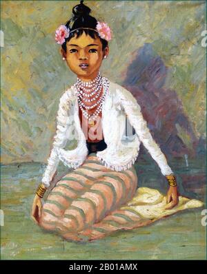 Burma/Myanmar: Young Burmese girl in longyi with flowers in her hair. Colonial period painting, c. 1910.  A longyi is a sheet of cloth widely worn in Burma. It is approximately 2 m (6½ ft.) long and 80 cm (2½ ft.) wide. The cloth is often sewn into a cylindrical shape. It is worn around the waist, running to the feet. It is held in place by folding fabric over, without a knot. It is also sometimes folded up to the knee for comfort. Similar garments are found in India, Bangladesh, Sri Lanka, the Malay Archipelago, and Juiz de Fora. Stock Photo