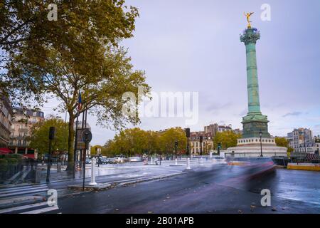 Paris, France - November 11, 2019: The column of Jules, monument to the French Revolution, at the Bastille square Stock Photo