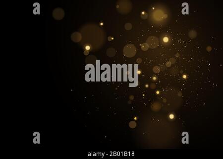 Lights bokeh on a black background. Glares with flying glowing particles. Ligh gold effect. Vector illustration. EPS 10 Stock Vector