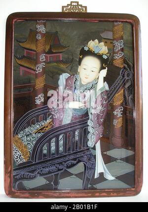 China: Mirror painting of a woman reclining in a chair, late Qing Dynasty, c. 1840-1860.  Reverse painting on glass is an art form consisting of applying paint to a piece of glass and then viewing the image by turning the glass over and looking through the glass at the image. Stock Photo