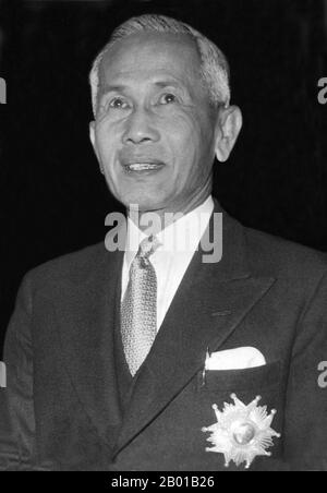 Thailand: Field Marshal Plaek Pibulsongkram (14 July  1897 - 11 June 1964), generally known as Phibun Songkhram, Prime Minister and military dictator from 1938 to 1944 and 1948 to 1957, late 1950s.  Pibulsongkram was one of the leaders of the military branch of the People's Party that staged a coup d'état and overthrew Thailand's absolute monarchy in 1932. In 1938, Pibulsongkram replaced Phraya Phahol as Prime Minister.  Pibulsongkram began to increase the pace of modernisation in Thailand. By manipulating the mass media, Pibulsonggram supported fascism and nationalism. Stock Photo