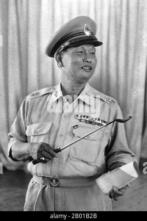 Thailand: Field Marshal Sarit Thanarat (16 June 1908 - 8 December 1963), 11th Prime Minister of Thailand (r. 1959-1963), c. 1660.  Field Marshal Sarit Thanarat was a Thai career soldier who staged a coup in 1957, serving as Thailand's Prime Minister from 1959 until his death in 1963. He was born in Bangkok, but considered himself from Isan, Thailand's northeastern region where he grew up.  Sarit's regime was the most repressive and authoritarian in modern Thai history, abrogating the constitution, dissolving parliament, and vesting all power in his newly-formed Revolutionary Party. Stock Photo
