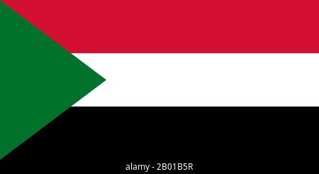 Sudan: Flag of the Sudan.  The flag of Sudan was adopted on May 20, 1970, and consists of a horizontal red-white-black tricolor, with a green triangle at the hoist. The flag is based on the Arab Liberation Flag shared by Egypt, Iraq, Syria, and Yemen, that uses a subset of the Pan-Arab colours in which green is less significant.  Before the 1969 military coup of Gaafar Nimeiry, a blue-yellow-green tricolour design was used. Stock Photo