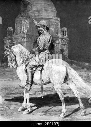 United Kingdom/Sudan: Field Marshal Horatio Herbert Kitchener (24 June 1850 - 5 June 1916), 1st Earl Kitchener, pointing at the Tomb of the Mahdi, Omdurman, after he had ordered it blown up. Illustration, 1898.  Kitchener won fame in 1898 for winning the Battle of Omdurman and securing control of the Sudan, after which he was given the title 'Lord Kitchener of Khartoum'. As Chief of Staff (1900-1902) in the Second Boer War he played a key role in Lord Roberts' conquest of the Boer Republics, then succeeded Roberts as commander-in-chief. Stock Photo