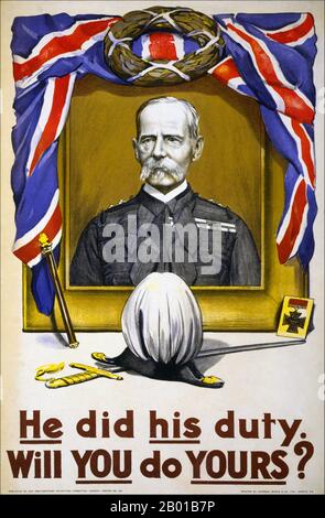 United Kingdom: 'He did his duty. Will YOU do YOURS?' Poster of Field Marshal Frederick Roberts (30 September 1832 - 14 November 1914), 1st Earl Roberts, British general, 1916.  Frederick Sleigh Roberts was a Victorian era general of Anglo-Irish heritage who would go on to become one of the most successful British commanders of his time. Born in India, he joined the East India Company Army and served with distinction during the Indian Rebellion, after which he was transferred to the British Army and served in the Expedition to Abyssinia and the Second Anglo-Afghan War. Stock Photo