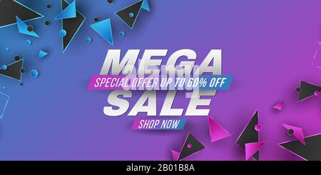 Mega Sale Banner. Template for your business design. Geometric design. Purple and blue random polygonal shapes. Abstract triangles. Vector illustratio Stock Vector
