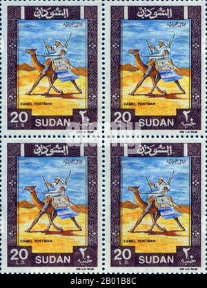 Sudan: Postage stamps showing a 'camel postman', Anglo-Egyptian Sudan.  The term Anglo-Egyptian Sudan refers to the period between 1891 and 1956 when Sudan was administered as a condominium of Egypt and the United Kingdom. Sudan (comprising modern-day Sudan and South Sudan) was de jure shared legally between Egypt and the British Empire, but was de facto controlled by the latter, with Egypt only enjoying limited local power in reality as Egypt itself fell under increasing British influence.  The Egyptian Revolution of 1952 saw Egypt demanding the end to the condominium and Sudan's independence Stock Photo