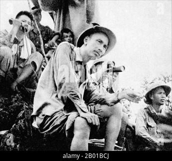 Vietnam: Ho Chi Minh at a military command post in northern Tonkin during the First Indochina War (1946-1954). Photo by Vu Nang An (15 May 1916 - 7 July 2004, out of copyright), 16 September 1950.  The First Indochina War (also known as the French Indochina War, Anti-French War, Franco-Vietnamese War, Franco-Vietminh War, Indochina War, Dirty War in France, and Anti-French Resistance War in contemporary Vietnam) was fought in French Indochina from December 19, 1946, until August 1, 1954, between the French Union's French Far East Expeditionary Corps against the Việt Minh, led by Hồ Chí Minh. Stock Photo