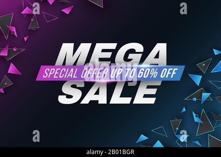 Template for Mega Sale. Business geometric design. Purple and blue random polygonal shapes. Abstract glowing triangles. Vector illustration. EPS 10 Stock Vector
