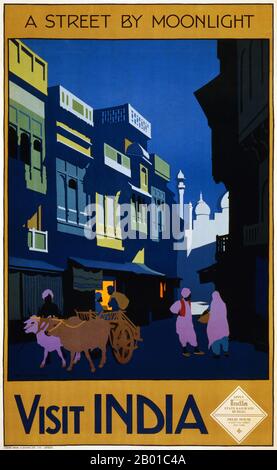 India: 'A Street By Moonlight - Visit India'. State Railways of India advertising poster by Henry George Gawthorn (1878-1941), c. 1920.  Early art poster published by the State Railways of India advertising travel and tourism to India. Stock Photo