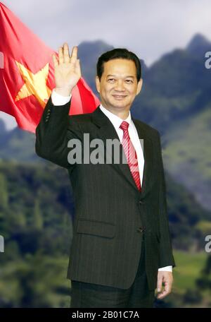 Vietnam: Nguyen Tan Dung (17 November 1949 - ), 6th Prime Minister of Vietnam (r. 2006-2016).  Nguyễn Tấn Dũng served as Prime Minister from 2006 to 2016. He was confirmed by the National Assembly on June 27, 2006, having been nominated by his predecessor, Phan Van Khai, who retired from office.  At a party congress in January 2011, Dung was ranked third in the hierarchy of the Communist Party of Vietnam, but was unable to maintain his post after the 12th National Congress in 2016 due to claims of corruption and nepotism. Stock Photo