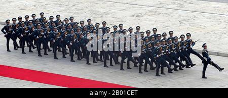 Vietnam: A Vietnamese Army honour guard at the 16th ASEAN Summit, Vietnam National Convention Centre, Hanoi. Photo by Master Sergeant Jerry Morrison (public domain), 2010.  The Military Honour Guard Battalion of the Vietnam People's Army marching past the red carpet for US Secretary of Defence Robert Gates during the first 'plus' defense ministers meeting of the Association of Southeast Asian Nations (ASEAN), Hanoi, October 2010. Stock Photo