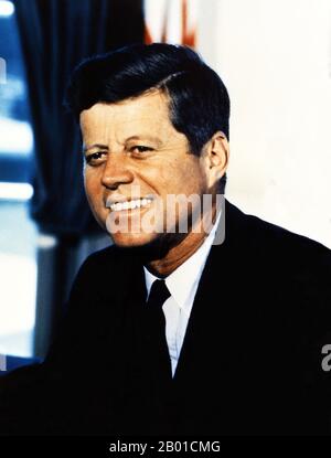 USA: John Fitzgerald 'Jack' Kennedy (29 May 1917 - 22 November 1963), often referred to by his initials JFK, 35th President of the United States (1961-1963). Portrait by Cecil Stoughton (1920-2008, public domain), Oval Office, White House, 11 July 1963.  After military service during World War II in the South Pacific, Kennedy represented Massachusetts's 11th congressional district in the U.S. House of Representatives from 1947 to 1953 as a Democrat. Thereafter, he served in the U.S. Senate from 1953 until 1960. Stock Photo